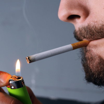 Man lighting up a cigarette, representing its impact on ENT health